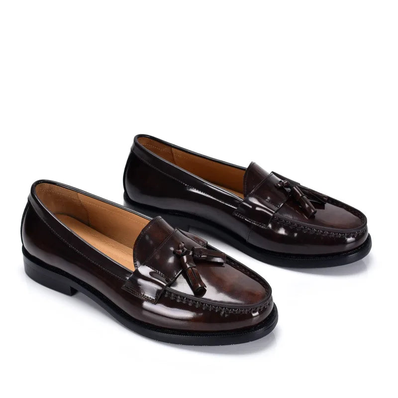 Mocassin En Cuir Vernis Marron Foncé Pour Homme à Gland