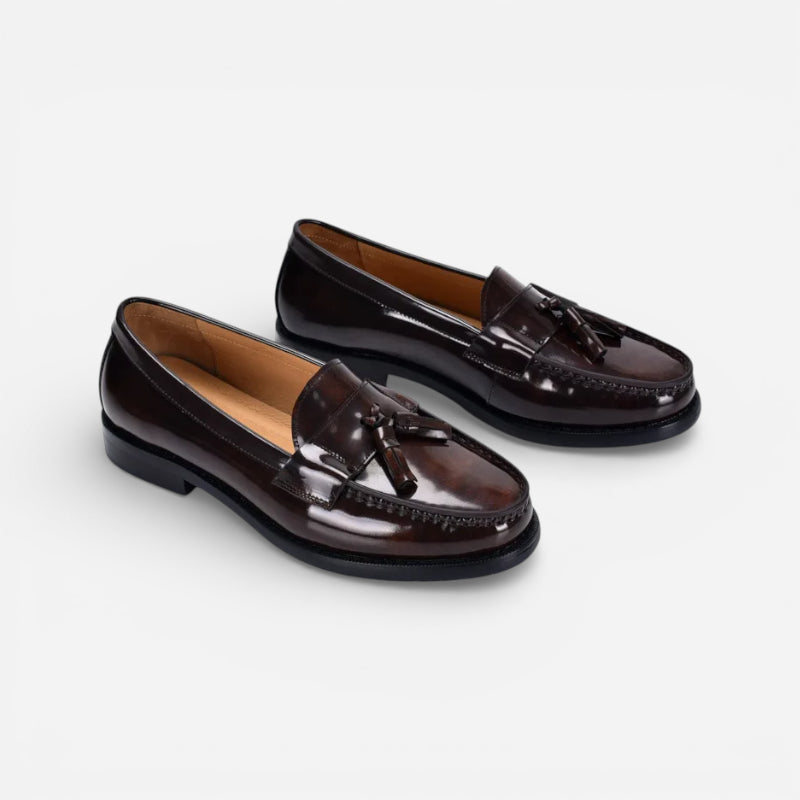 Mocassin En Cuir Vernis Marron Foncé Pour Homme à Gland