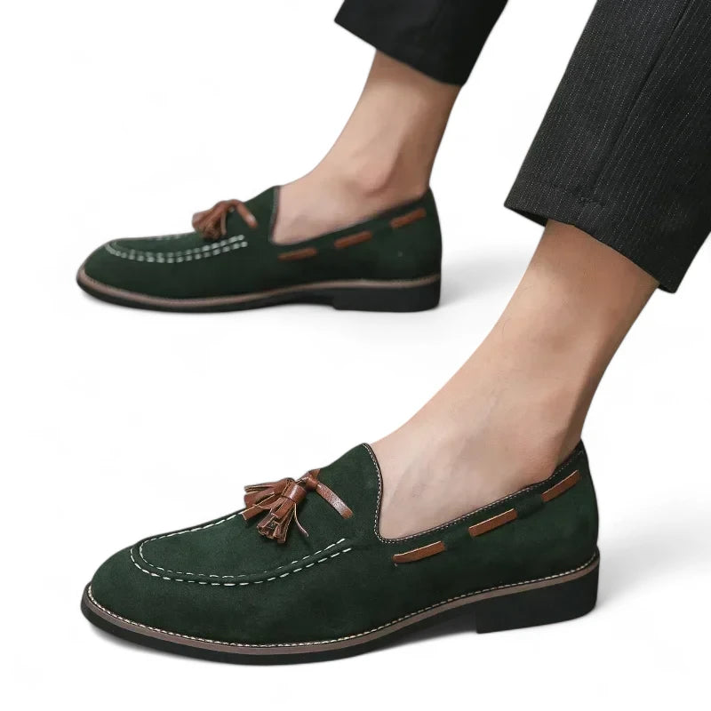 Mocassin Daim Vert à Glands Marron Homme