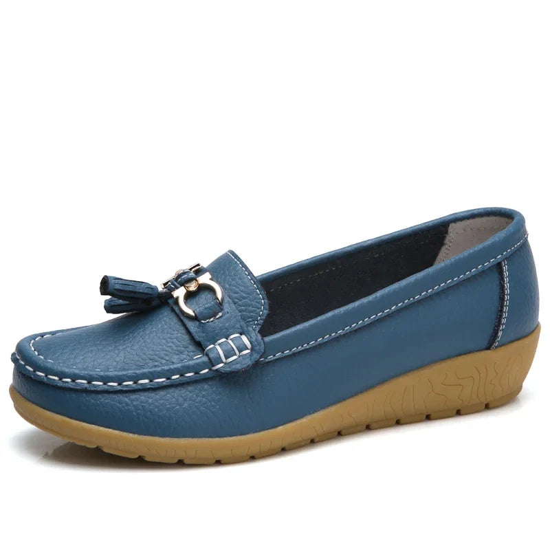 Mocassin Cuir Bleu Respirant Femme Compensé