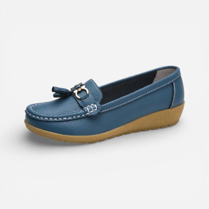 Mocassin Cuir Bleu Respirant Femme Compensé
