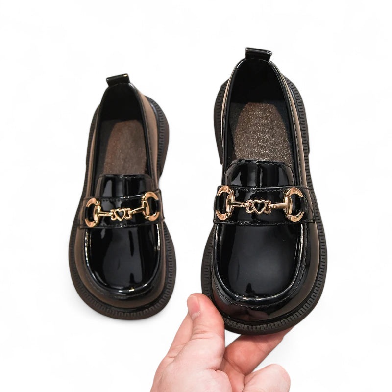 Mocassin Noir Enfant Chainette En Cuir Vernis