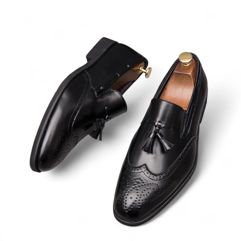 Mocassin En Cuir Vernis à Gland Noir Talon Homme