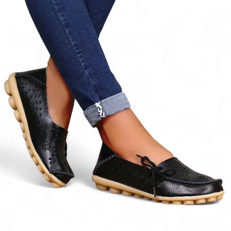 Mocassin Femme Cuir Respirant Motif Noir