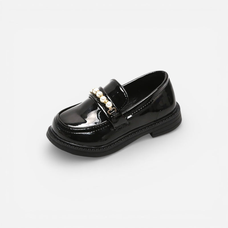 Mocassin Cuir Noir Fillette Perle