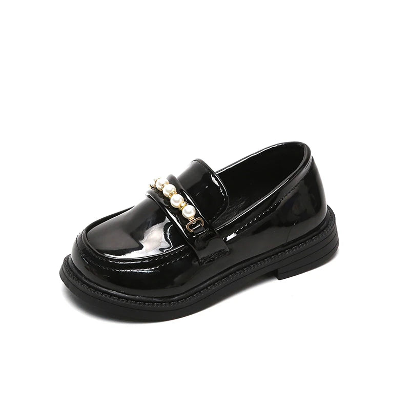 Mocassin Cuir Noir Fillette Perle