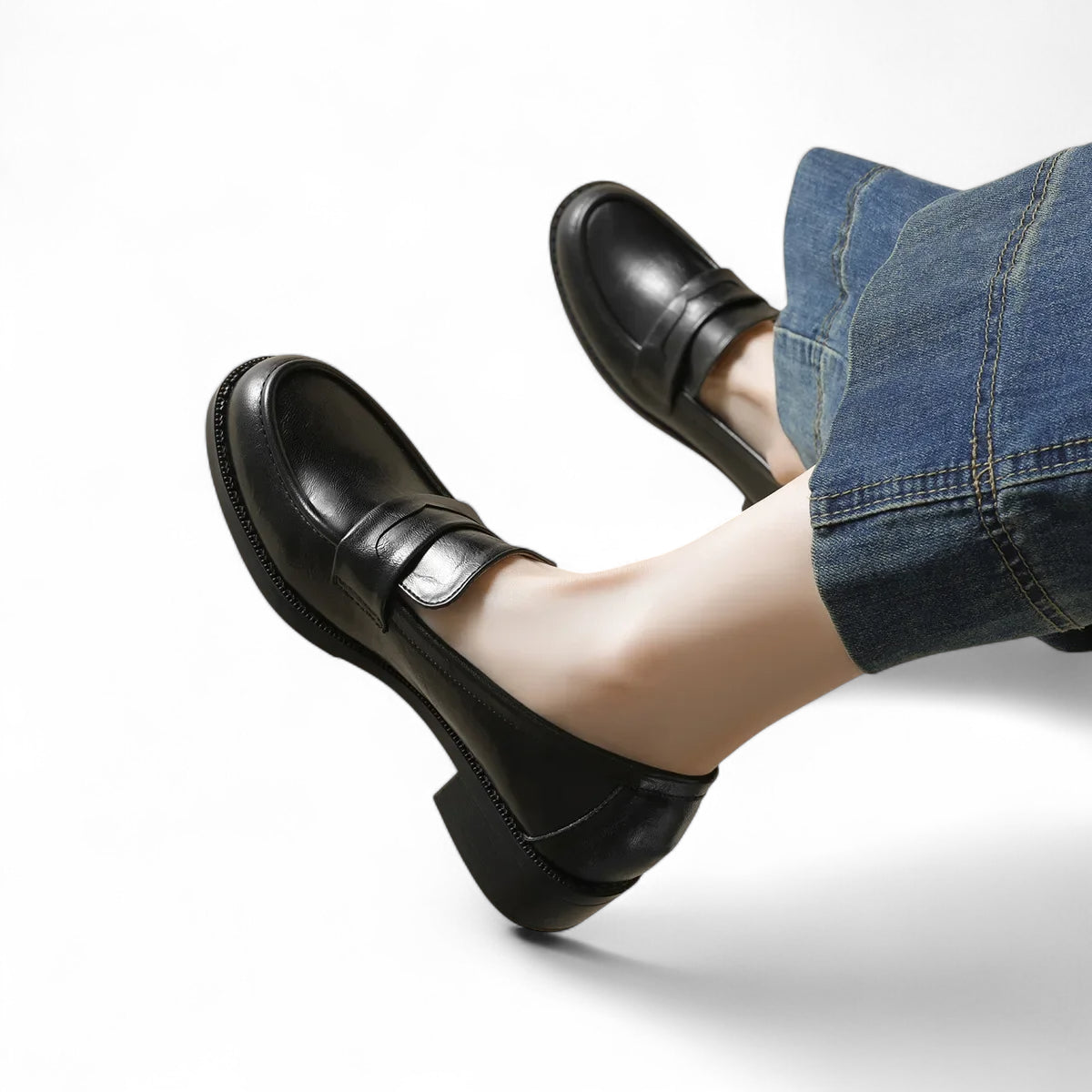 Mocassin En Cuir Vernis Noir à Talon Pour Femme