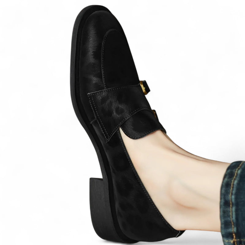 Mocassin En Cuir Noir Design Léopard Femme
