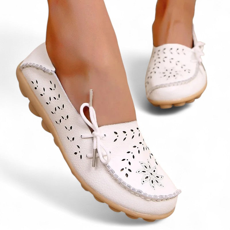 Mocassin Femme Cuir Respirant Motif Blanc