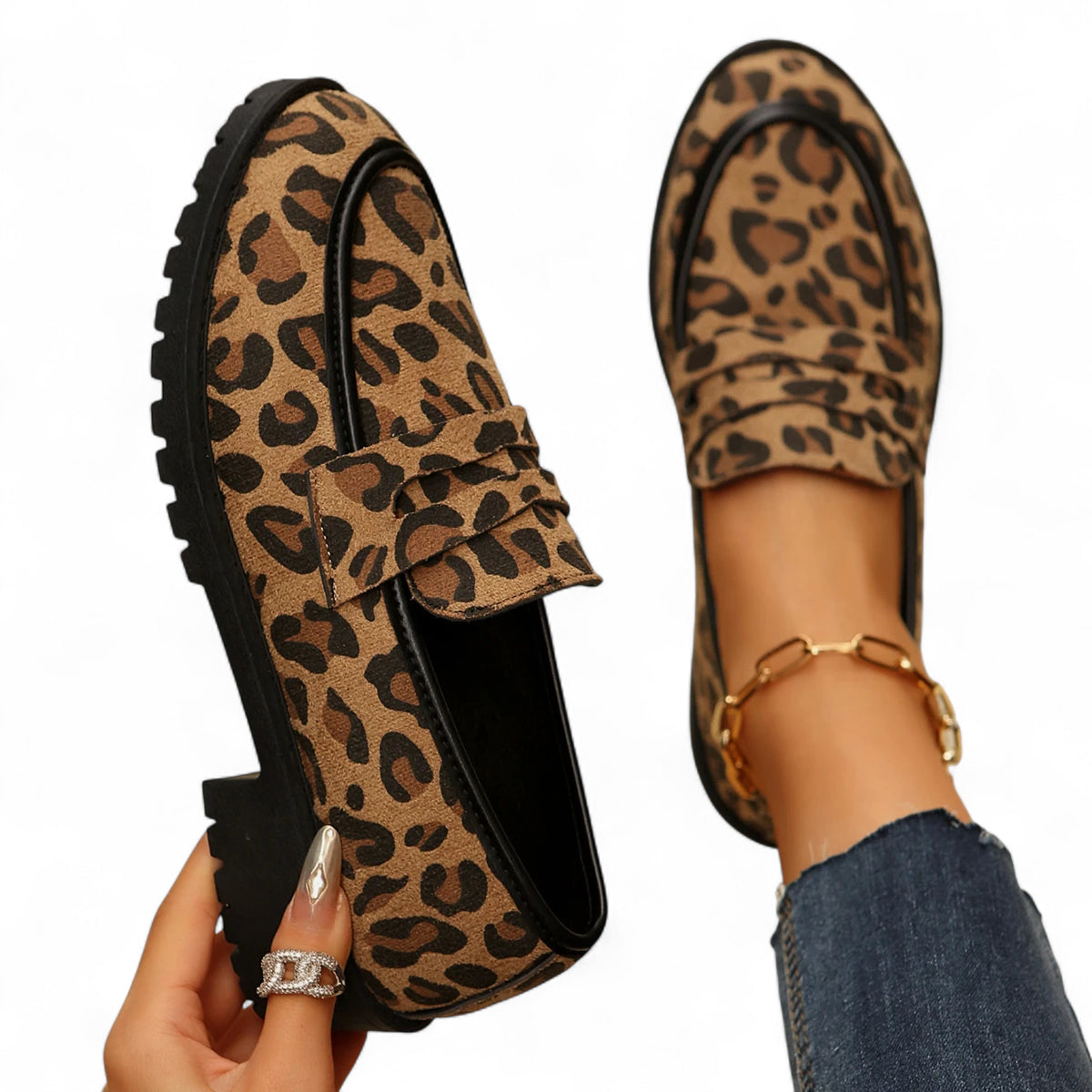 Mocassins Imprimé Léopard Compensé Femme