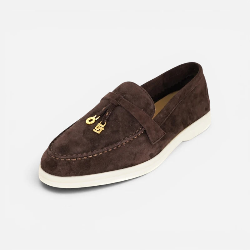 Mocassin Daim Marron Foncé Luxe Glands Dorés