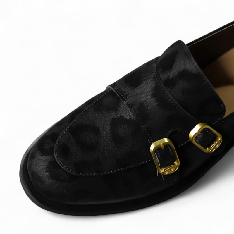Mocassin En Cuir Noir Design Léopard Femme