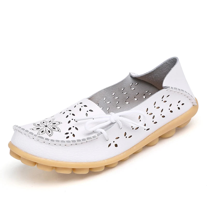 Mocassin Femme Cuir Respirant Motif Blanc