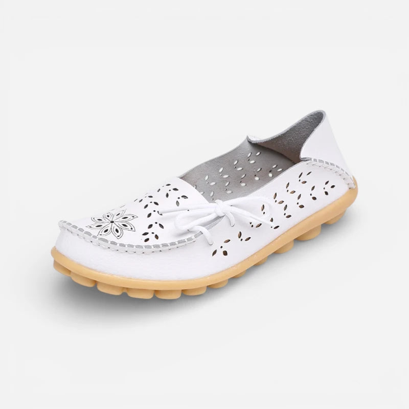 Mocassin Femme Cuir Respirant Motif Blanc