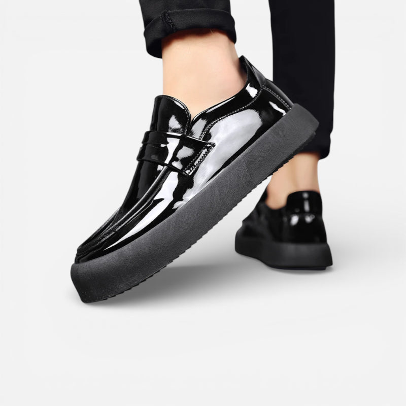 Mocassin À Semelle Epaisse Plateforme Plate En Cuir Noir Vernis Pour Homme
