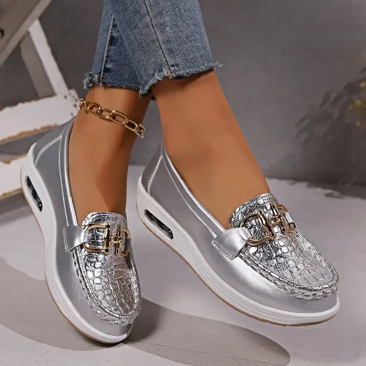 Mocassin Compensé En Cuir Argenté À Bulle Confortable Motif Crocodile Femme