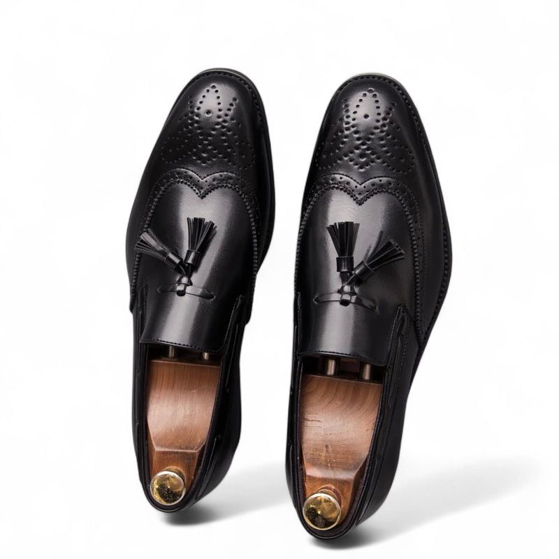 Mocassin En Cuir Vernis à Gland Noir Talon Homme