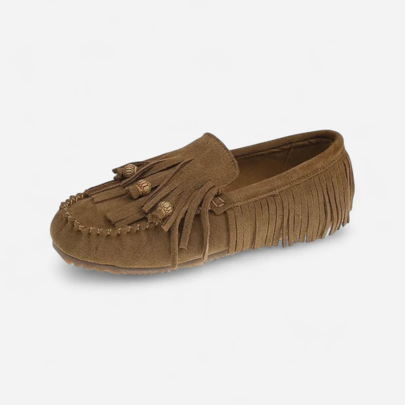 Mocassin Indien En Daim Marron À Frange Pour Femme