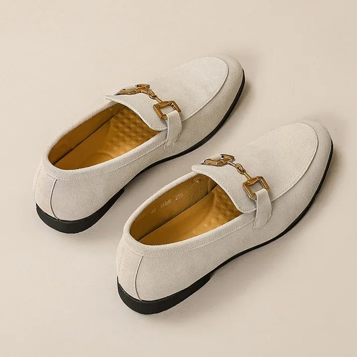 Mocassin Daim Nubuck Beige À Mors Doré Pour Homme
