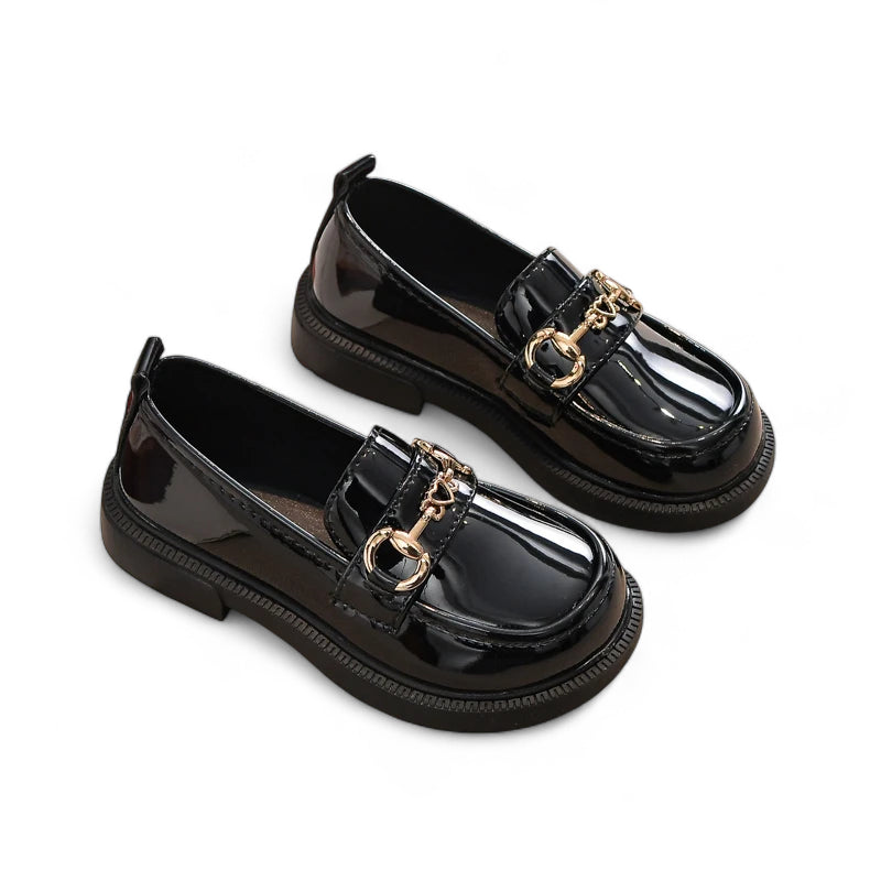 Mocassin Noir Enfant Chainette En Cuir Vernis