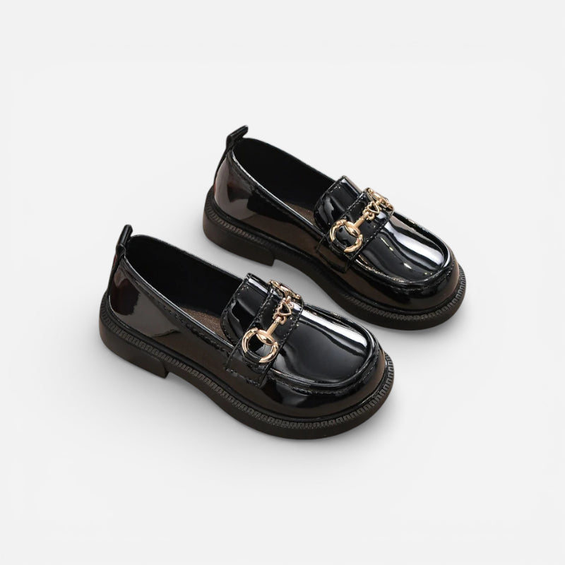 Mocassin Noir Enfant Chainette En Cuir Vernis