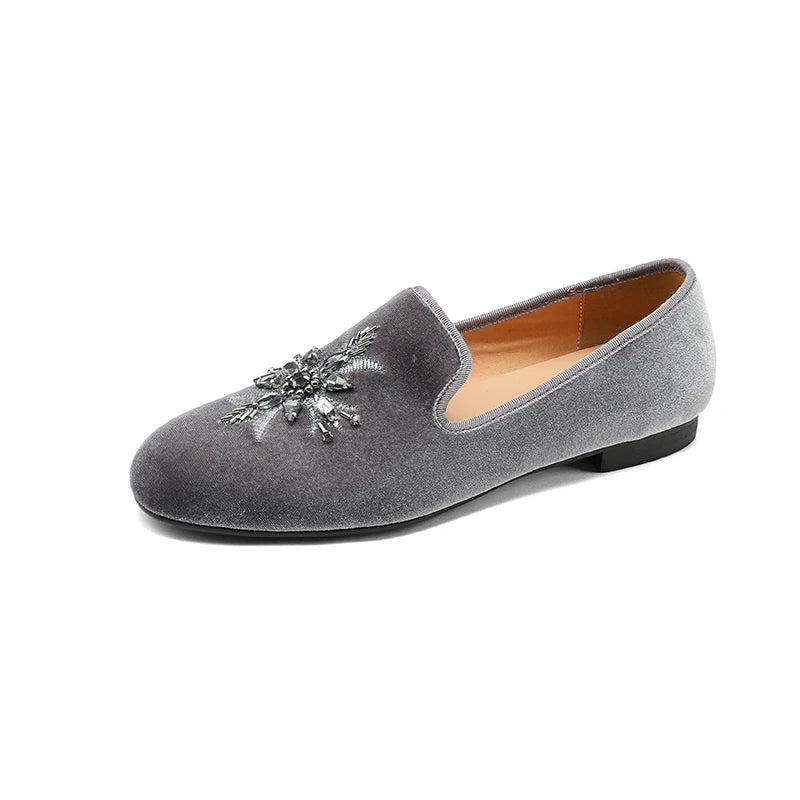 Mocassin Daim Gris Fleurs Argenté Femme