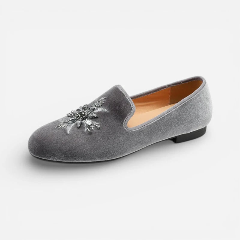 Mocassin Daim Gris Fleurs Argenté Femme