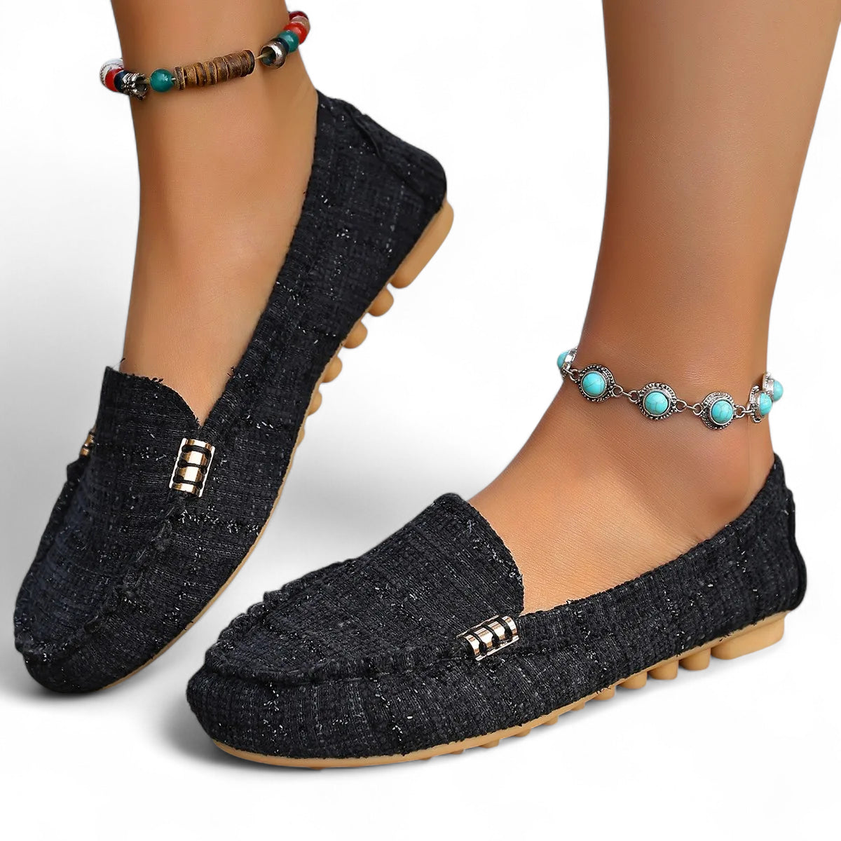 Mocassin Femme En Tissus Noir