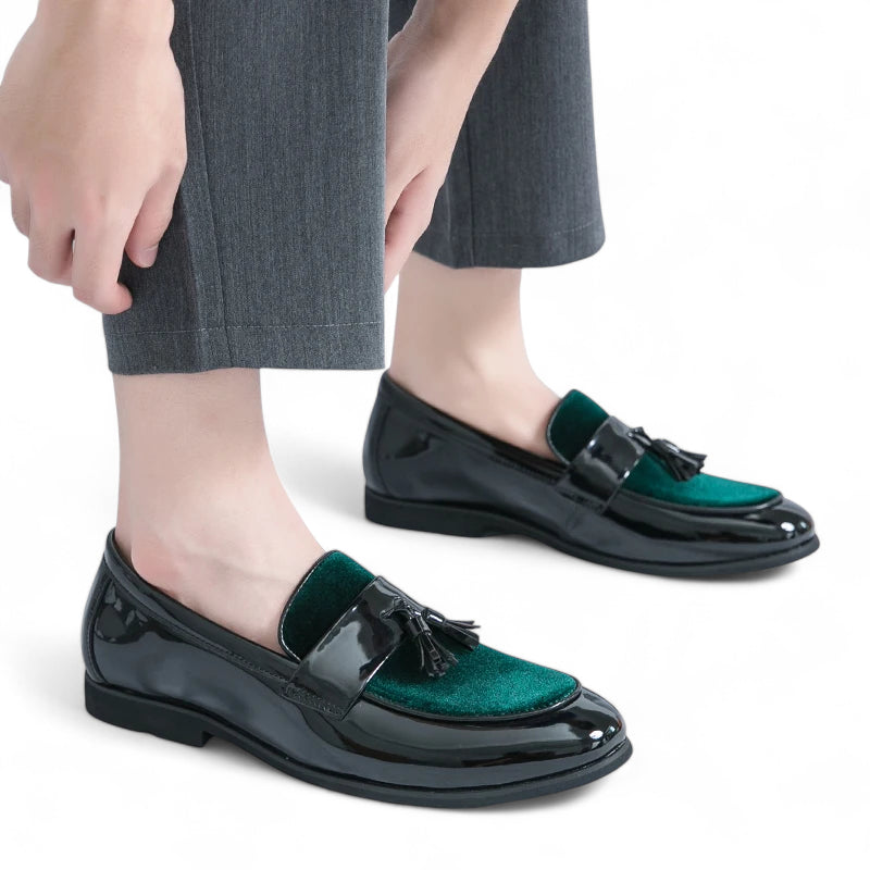 Mocassin Cuir Noir Et Vert Vernis Homme
