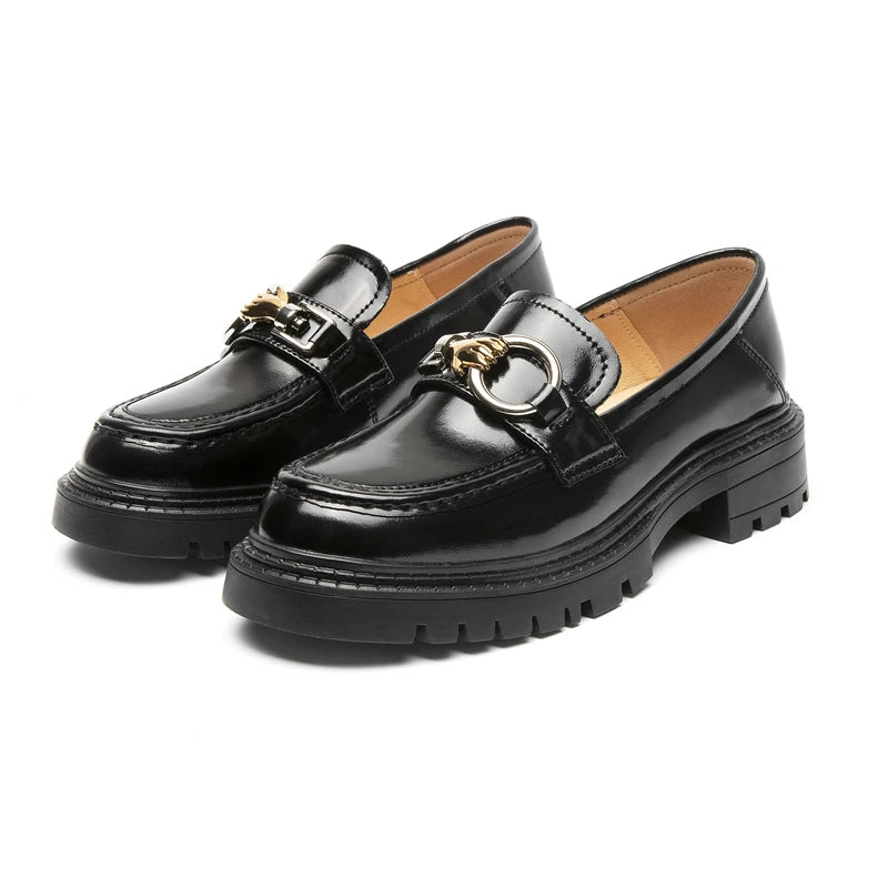 Mocassin En Cuir Noir Plateforme Vernis Brillant Chainette Femme
