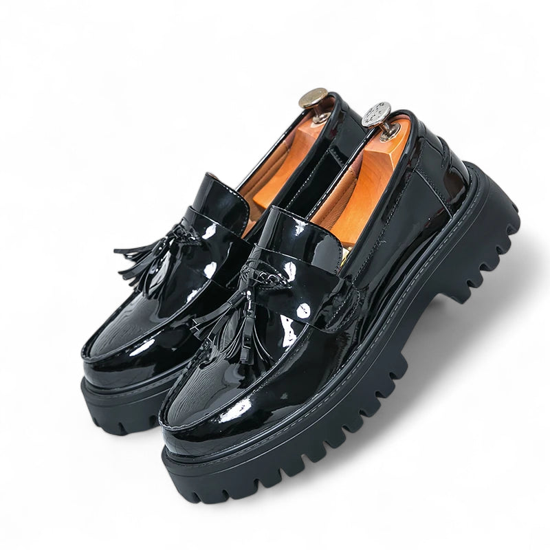 Mocassin Compensé En Cuir Vernis Noir à Gland Pour Homme