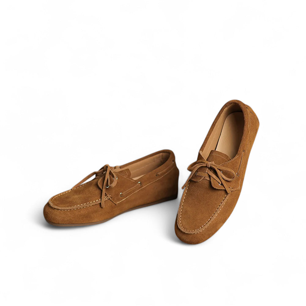 Mocassin En Véritable Peau De Vache Effet Daim Camel à Lacet Pour Femme