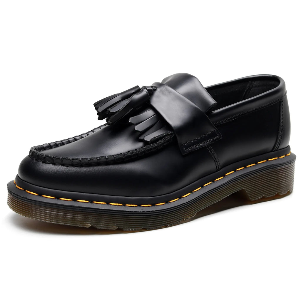 Mocassin En Cuir Véritable Noir À Glands Et Frange Surpiqure Jaune