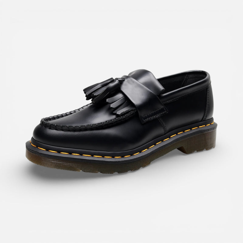 Mocassin En Cuir Véritable Noir À Glands Et Frange Surpiqure Jaune