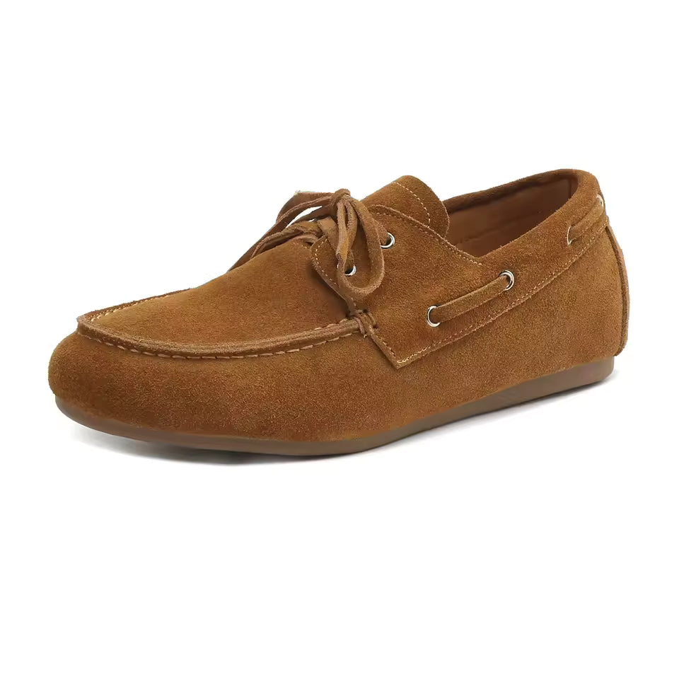 Mocassin En Véritable Peau De Vache Effet Daim Camel à Lacet Pour Femme