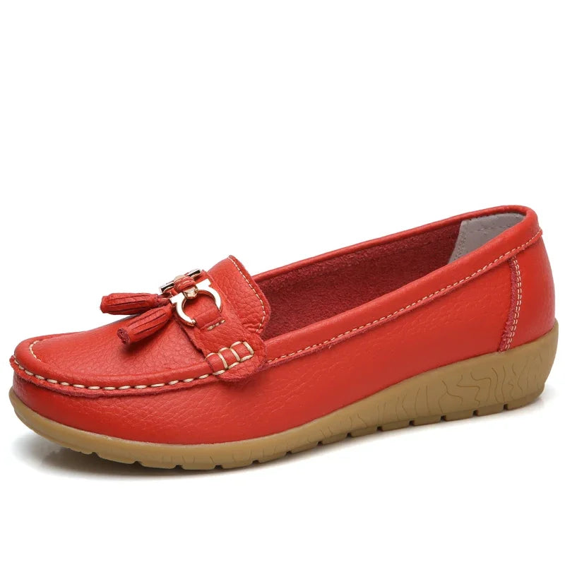 Mocassin En Cuir Rouge Compensé Femme
