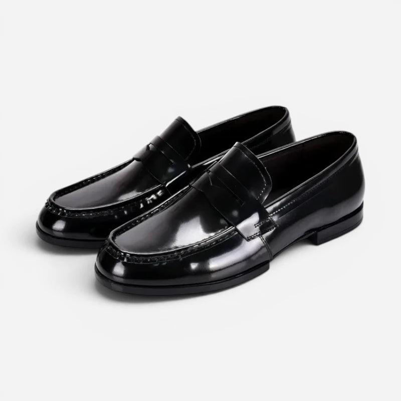 Mocassin Costume Mariage En Cuir Noir Vernis Talon Homme