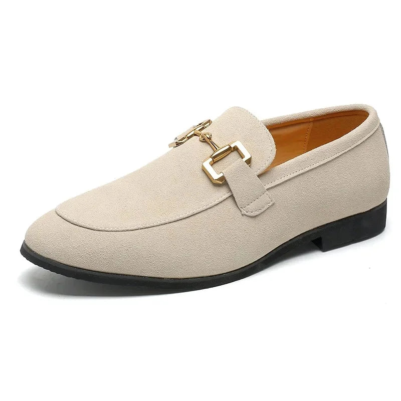 Mocassin Daim Nubuck Beige À Mors Doré Pour Homme
