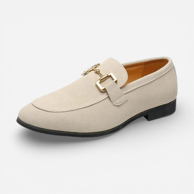 Mocassin Daim Nubuck Beige À Mors Doré Pour Homme