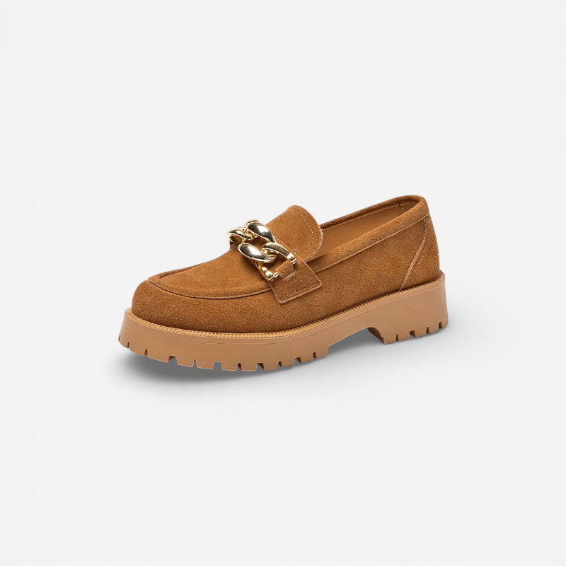 Mocassin Compensé Daim Camel Chainette Femme