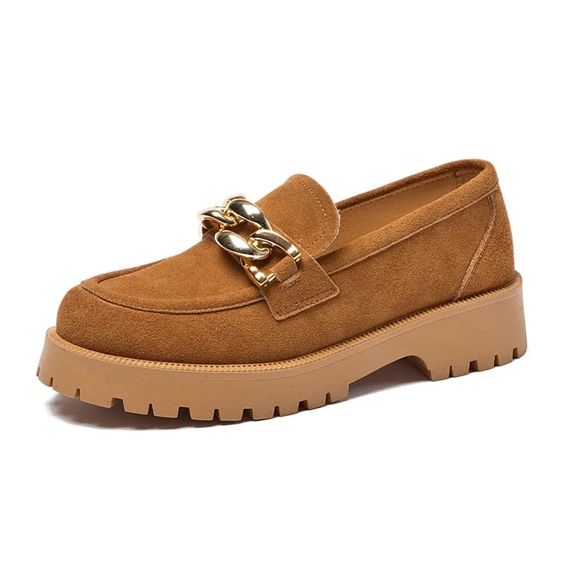 Mocassin Compensé Daim Camel Chainette Femme