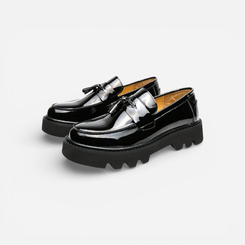 Mocassin Plateforme Vernis Noir À Glands Pour Homme