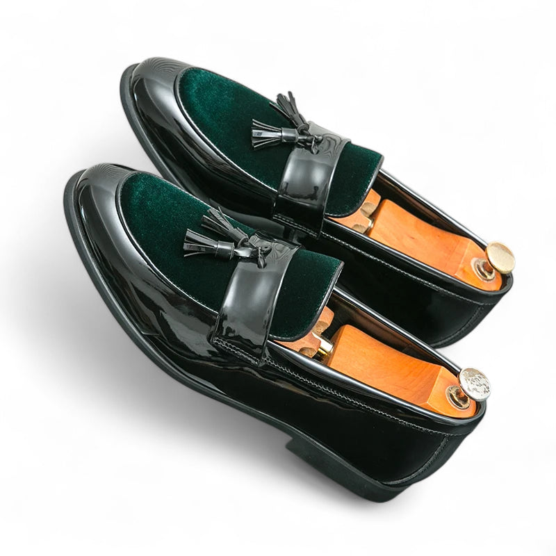 Mocassin Cuir Noir Et Vert Vernis Homme