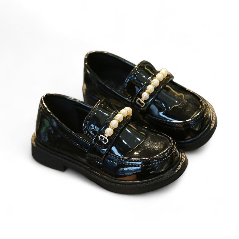 Mocassin Cuir Noir Fillette Perle