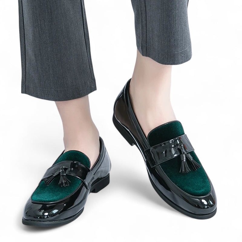 Mocassin Cuir Noir Et Vert Vernis Homme