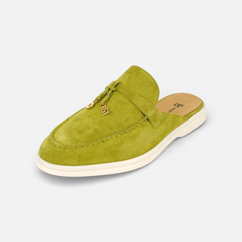 Mocassin Ouvert En Daim Vert Olive Femme