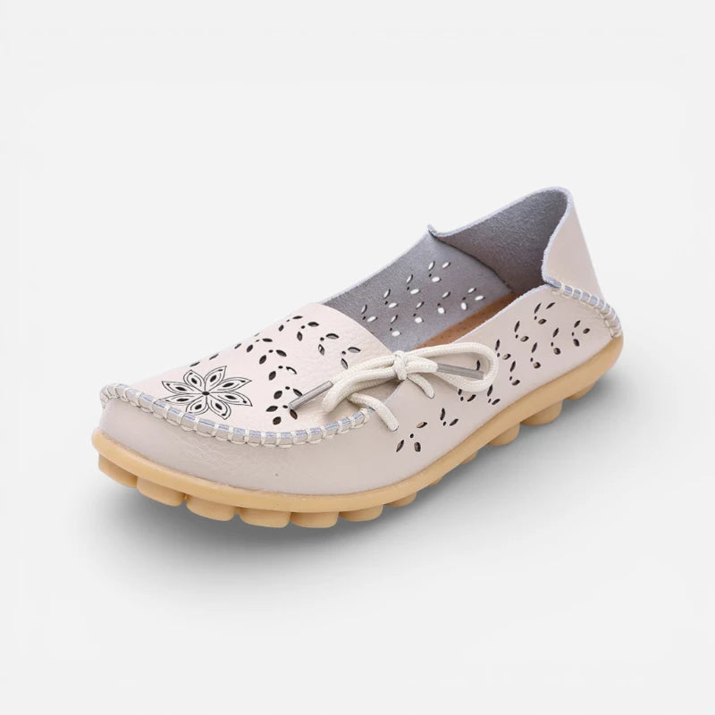 Mocassin Femme Cuir Respirant Motif Beige