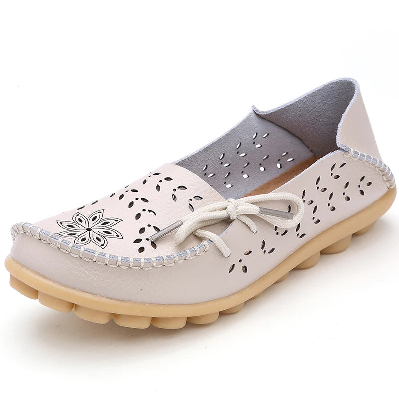 Mocassin Femme Cuir Respirant Motif Beige