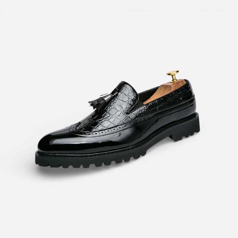 Mocassin En Cuir Noir Vernis à Motifs Compensé Pour Homme