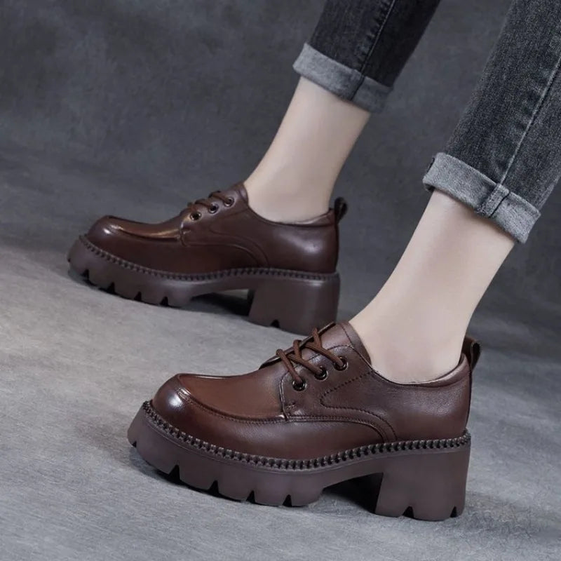Mocassin Plateforme Cuir Marron À Lacet Et Talon Femme